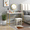 Dressing Table with Round Mirror, Vanity Makeup Desk Faux Marble Texture White - Image 2
