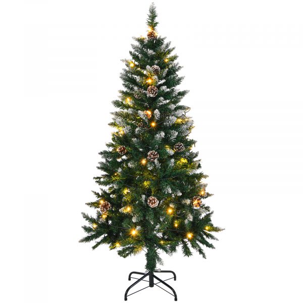 5 FT Artificial Snow Tipped Christmas Tree with DIY 100 Warm Lights Battery Operated, 21 Pine Cones, 800 Branch Tips and Sturdy Metal Stand, Green & Snow Tipped