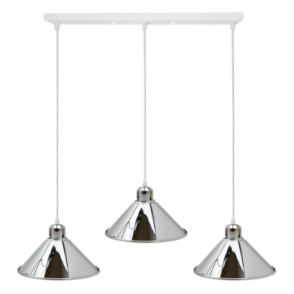 Modern Industrial Chrome 3 Way Ceiling Pendant Light Metal Cone Shape Shade Indoor Hanging Lighting