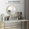 Dressing Table with Round Mirror, Vanity Makeup Desk Faux Marble Texture White - Image 5