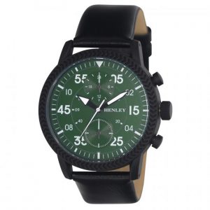 Henley Men's Bold Textured sports Green Dial With Black Leather Strap Watch H02212.11