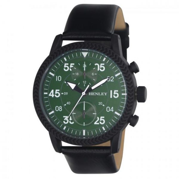 Henley Men's Bold Textured sports Green Dial With Black Leather Strap Watch H02212.11