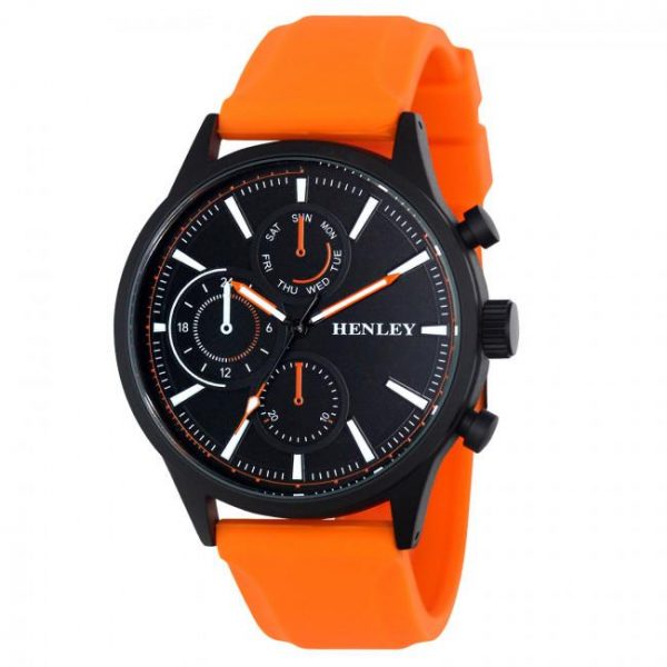 Henley Mens Multi Eye Black Dial With Sports Large Orange Silicone Strap Watch H02222.8