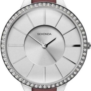 Sekonda Ladies Basic Silver Glitter Bling Dial and Pink Leather Strap Watch