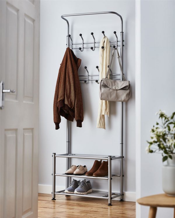 Multi Purpose Stand 18 Hooks For Clothes Shoes Hats Bags - Grey