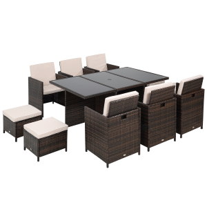 11pc Rattan Garden Dining Set 10 Cube Sofa 6 Chairs 4 Footrests & 1 Table