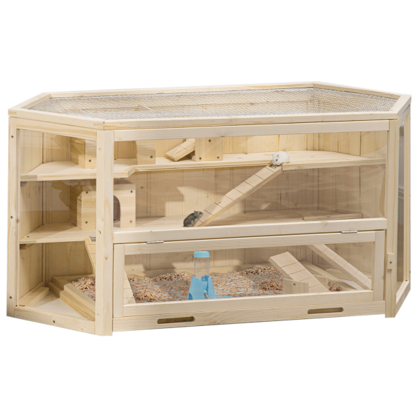 Three-Tier Wooden Hamster Cage Gerbil Play Centre w/ Sliding Tray, Ramps