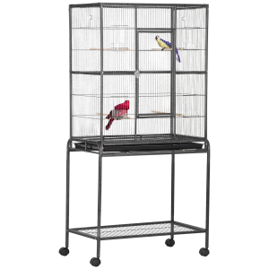Rolling Bird Cage w/ Detachable Stand, Storage Shelf, Wood Perch, Food Container