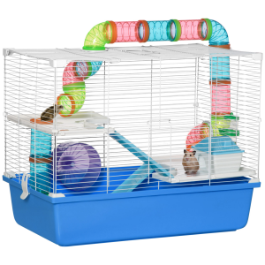 Hamster Cage Rodents House w/ Tubes Exercise Wheel, Water Bottle - Blue