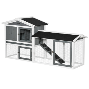 Two-Tier Wooden Rabbit Hutch Small Animal House w/ Run Box, Slide-Out Tray, Ramp