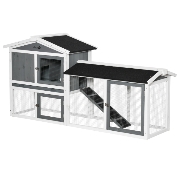 Two-Tier Wooden Rabbit Hutch Small Animal House w/ Run Box, Slide-Out Tray, Ramp