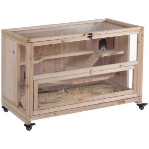 3-Tier Wooden Hamster Cage, Roden Small Animals Hutch, Ladders, Natural Wood