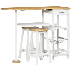3 Piece Bar Table Set, Breakfast and Stools Wine Rack Natural White