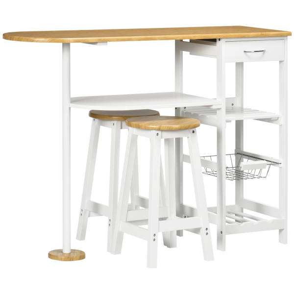 3 Piece Bar Table Set, Breakfast and Stools Wine Rack Natural White