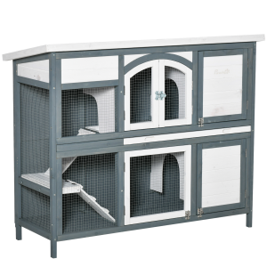 Two-Tier Wooden Rabbit Hutch Bunny Run w/ Openable Roof, Slide-Out Tray, Ramp