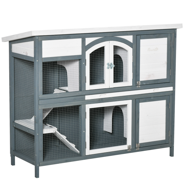 Two-Tier Wooden Rabbit Hutch Bunny Run w/ Openable Roof, Slide-Out Tray, Ramp