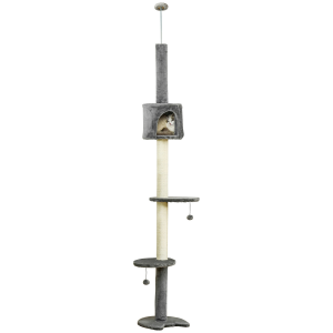 Cat Tree, Multi-Floor Pet Playhouse w/ Solid Scratching Post, Light Grey