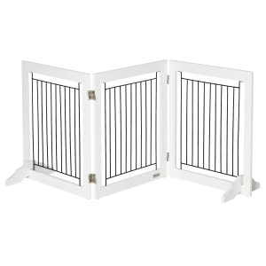 Foldable Dog Gate Freestanding Wooden Pet Barrier w/ 3 Panels, 2 Support Feet