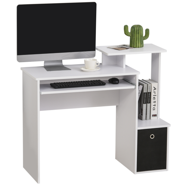 Computer Desk with Sliding Keyboard Tray Storage Drawer Shelf White