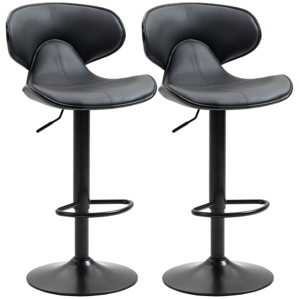 Set of 2, Barstools with Footrest and Backrest, Steel Frame Gas Lift Grey
