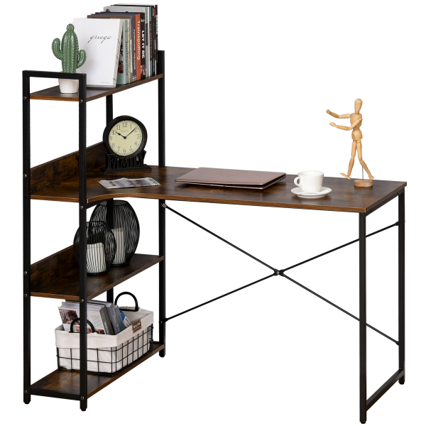 Retro Industrial Computer Desk with 4-Tier Storage Shelf Metal Frame , Brown