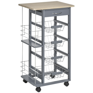 Kitchen Island Trolley w/ 4 Baskets 2 Side Racks Drawer Dark Grey