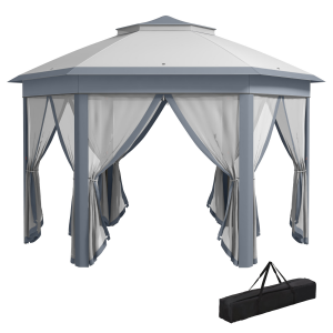 Hexagon Pop Up Gazebo Double Roof Netting, 4m x 4m, Grey w/ Mesh, 4x4m