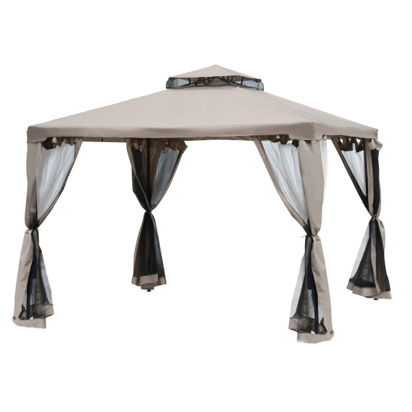 Outsunny Outdoor Gazebo, 2-tier Roof W/Netting, 295L x 295W x 263Hcm-Taupe