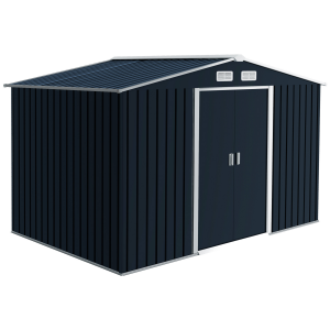 9 x 6FT Garden Roofed Metal Storage with Foundation Vent & Doors, Dark Grey