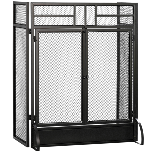3-Panel Folding Fireplace Screen Spark Guard Metal Mesh Fireguard Black