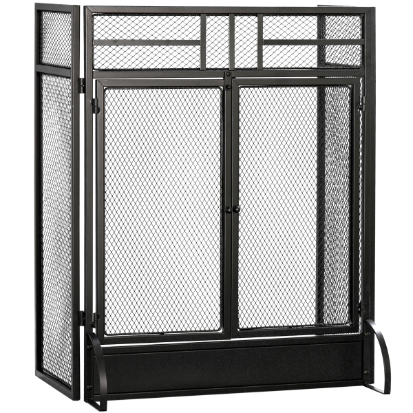 3-Panel Folding Fireplace Screen Spark Guard Metal Mesh Fireguard Black