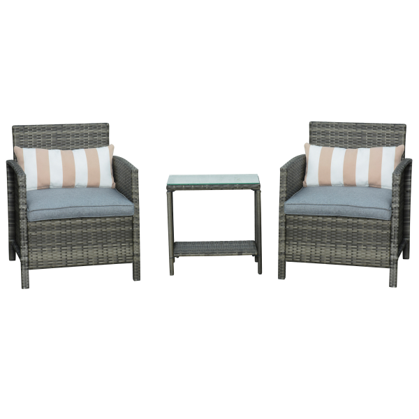 Outsunny 2-Seater PE Rattan Side Table & Armchair Set w/ Pillows Grey