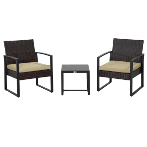 3Pc Rattan Bistro Set, Patio , Sofa Coffee Table and Chairs Sets Beige