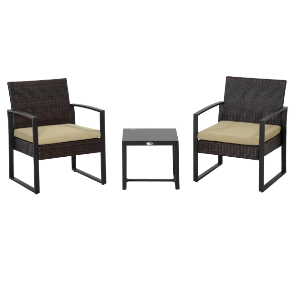3Pc Rattan Bistro Set, Patio , Sofa Coffee Table and Chairs Sets Beige