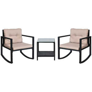 Outsunny 2 Seater Rattan Rocking Set W/Cushion-Black/Beige