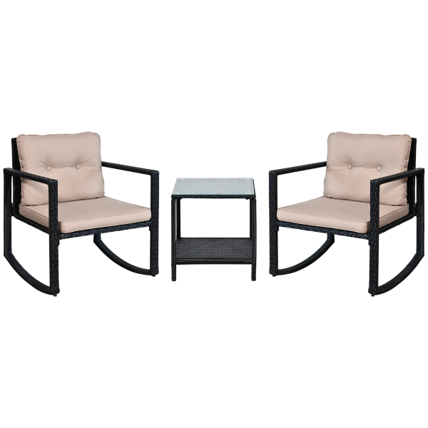Outsunny 2 Seater Rattan Rocking Set W/Cushion-Black/Beige