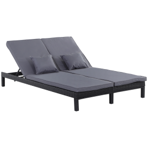 2 Seater Rattan Lounger Adjustable Cushions Black