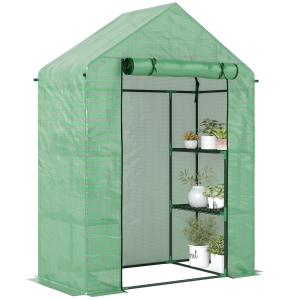 WalkIn Greenhouse 2 Tier Shelf, Roll-Up Door, PE Cover, 141x72x191cm, Green
