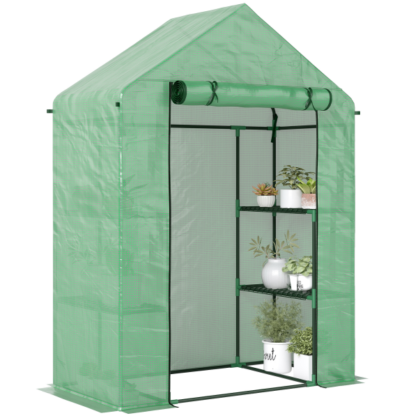 WalkIn Greenhouse 2 Tier Shelf, Roll-Up Door, PE Cover, 141x72x191cm, Green