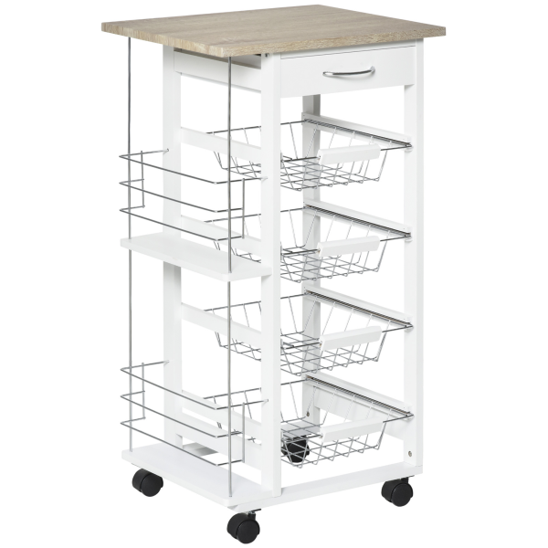 Multi-Use Kitchen Island Trolley 4 Baskets 2 Side Racks Drawer Wheels White