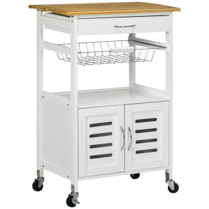 Kitchen Island Trolley Utility CartBamboo Table Top, Storage Cabinet, Drawer
