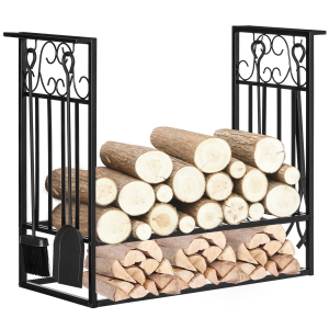Vintage Style Firewood Log Rack Holder w/ Shovel Broom Poker Tong Tools Hooks