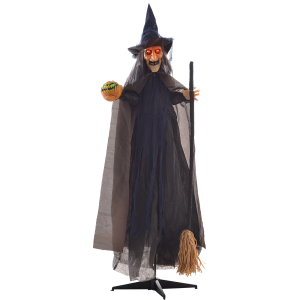 HOMCOM Halloween Witch with Broomstick Animatronic Prop with Light Up Eyes