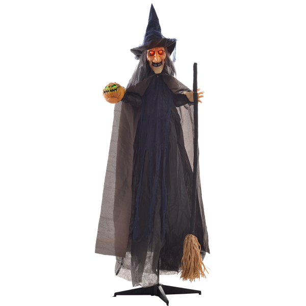 HOMCOM Halloween Witch with Broomstick Animatronic Prop with Light Up Eyes