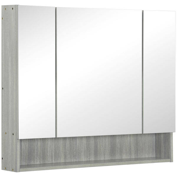 kleankin Bathroom Mirror Cabinet, Wall Mounted 3 Doors and Cupboards, Grey