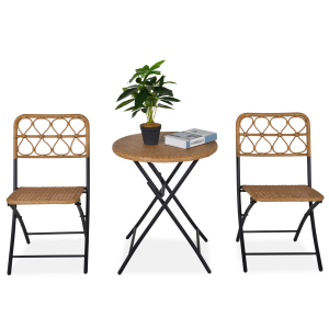 3 PCS Rattan Wicker Set Easy Folding, Hand Woven Rattan Coffee Table & Chairs
