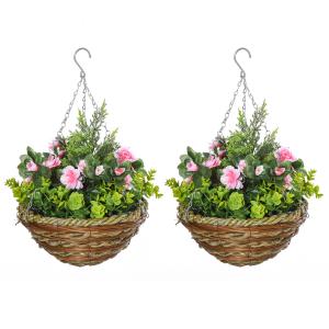 Pack of 2 Artificial Lisianthus Flowers Hanging Planter with Basket