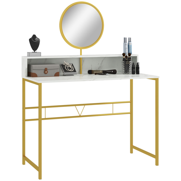 Dressing Table with Round Mirror, Vanity Makeup Desk Faux Marble Texture White