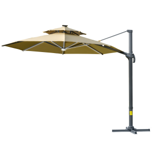 3m Cantilever Parasol w/ Solar Lights Power Bank Garden Umbrella 2-Tier Roof