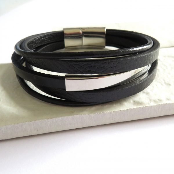 Men's Black Leather Bar Bracelet - Fashion Accessory